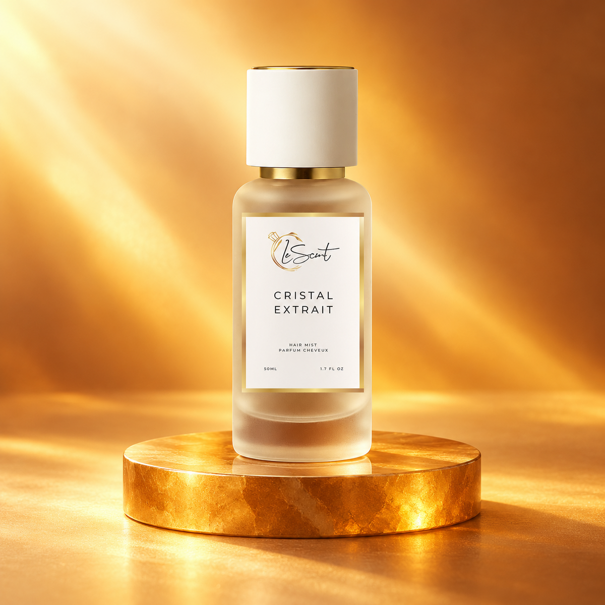 LeScent Cristal Extrait perfume hair mist 50ml on a gold plinth in warm saffron light, inspired by Matiere Premiere Crystal Saffron.