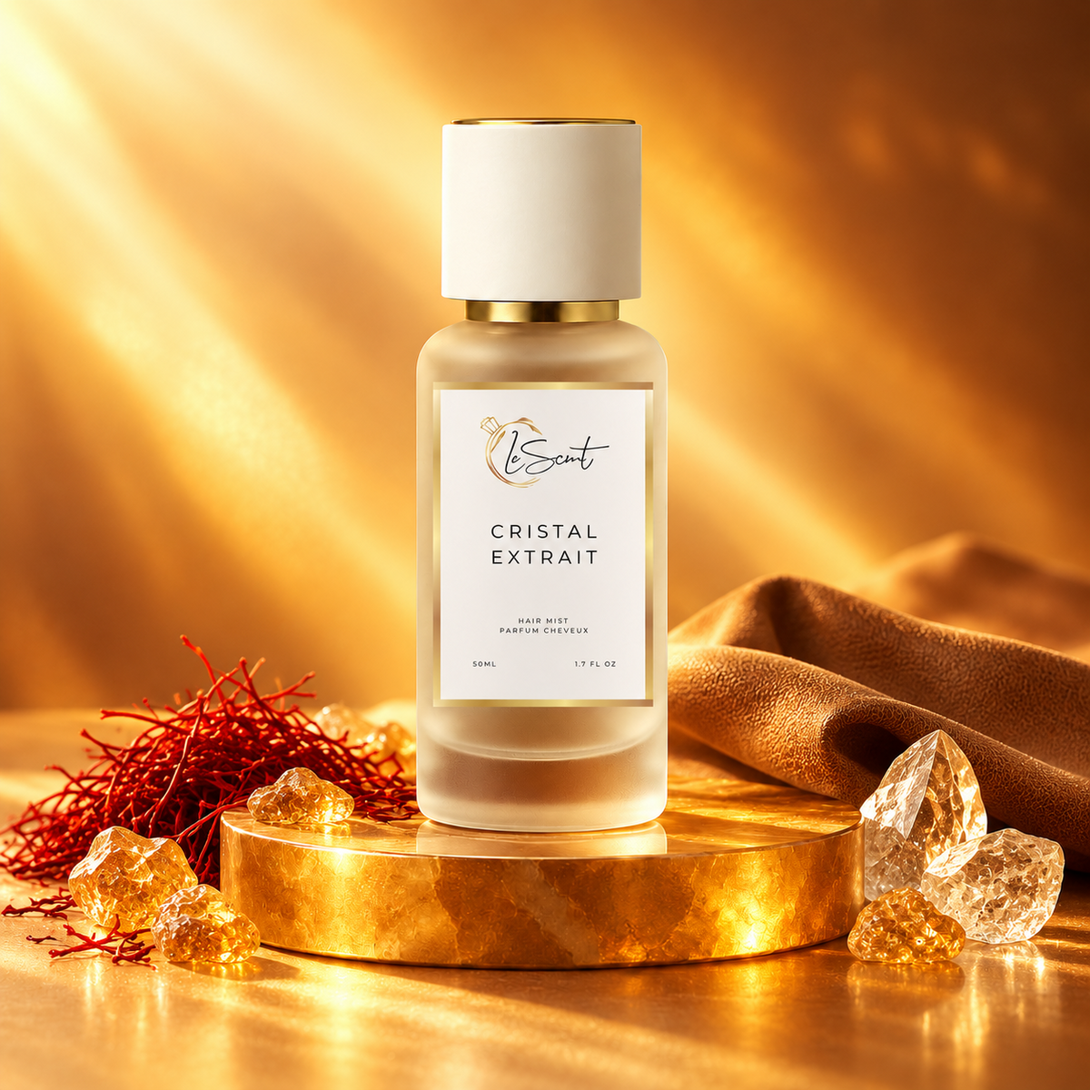 LeScent Cristal Extrait hair mist with saffron threads, frankincense resin, crystals and tan leather, inspired by Matiere Premiere Crystal Saffron.