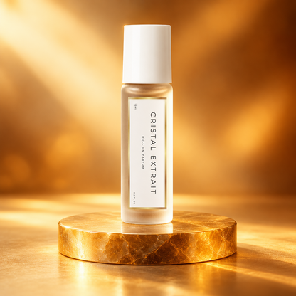 LeScent Cristal Extrait roll-on perfume oil 10ml on a gold plinth in warm saffron light, inspired by Matiere Premiere Crystal Saffron.