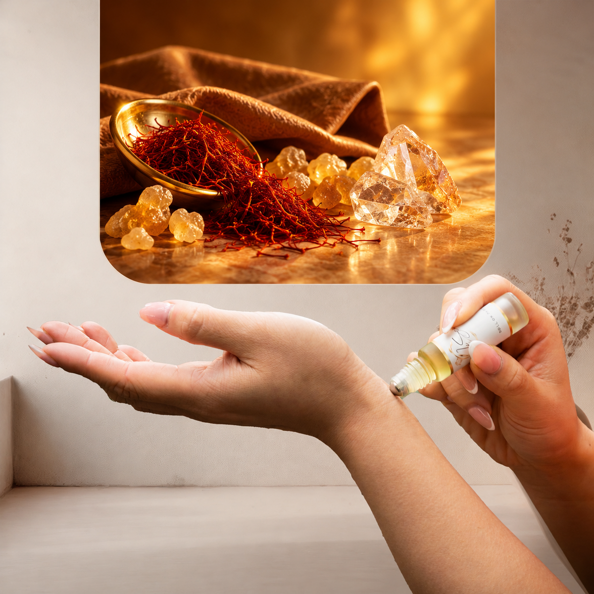 Applying LeScent Cristal Extrait roll-on perfume oil to the wrist, with saffron, frankincense and crystals behind, inspired by Matiere Premiere Crystal Saffron.