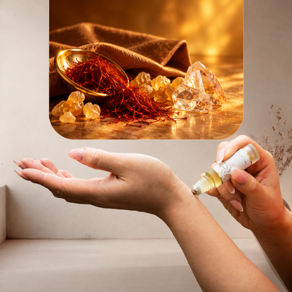 Applying LeScent Cristal Extrait roll-on perfume oil to the wrist, with saffron, frankincense and crystals behind, inspired by Matiere Premiere Crystal Saffron.