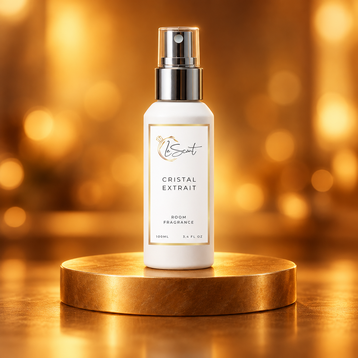 LeScent Cristal Extrait room fragrance 100ml on a gold plinth with warm golden light, inspired by Matiere Premiere Crystal Saffron.