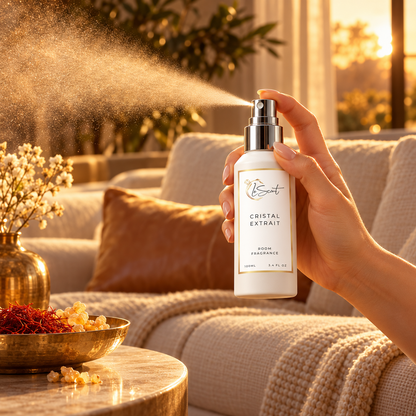 Spraying LeScent Cristal Extrait room fragrance in a living room at golden hour, beside a dish of saffron and frankincense, inspired by Matiere Premiere Crystal Saffron.