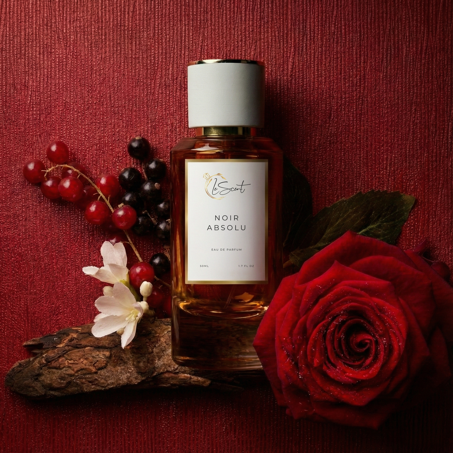 LeScent Noir Absolu perfume fragrance bottle on rich red background with berries and rose, luxury inspired scent photography, inspired by Louis Vuitton Matière Noire.
