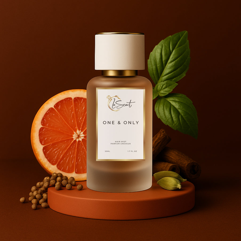 LeScent One & Only hair perfume mist bottle surrounded by grapefruit, basil leaves, cardamom pods, cinnamon, and coriander seeds on a warm terracotta background, inspired by Dolce & Gabbana The One.