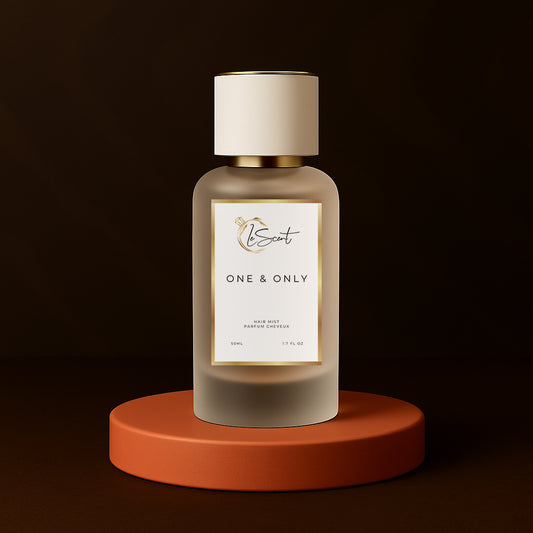 LeScent One & Only hair fragrance mist bottle on a terracotta base with elegant warm brown tones and soft amber lighting, inspired by Dolce & Gabbana The One.