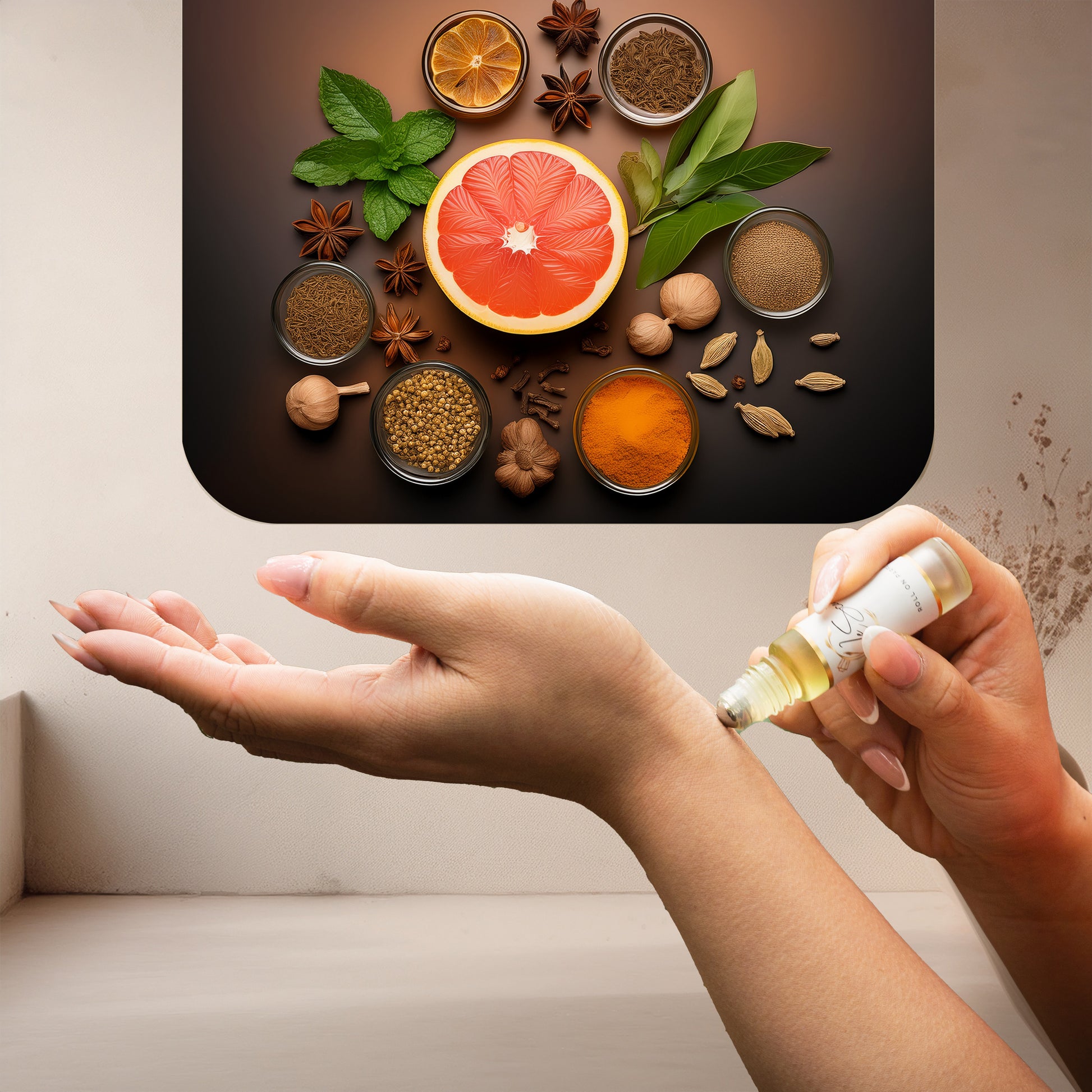 Applying LeScent One & Only roll-on perfume oil beside grapefruit, mint leaves, and spice bowls of cardamom, turmeric, and nutmeg, inspired by Dolce & Gabbana The One.