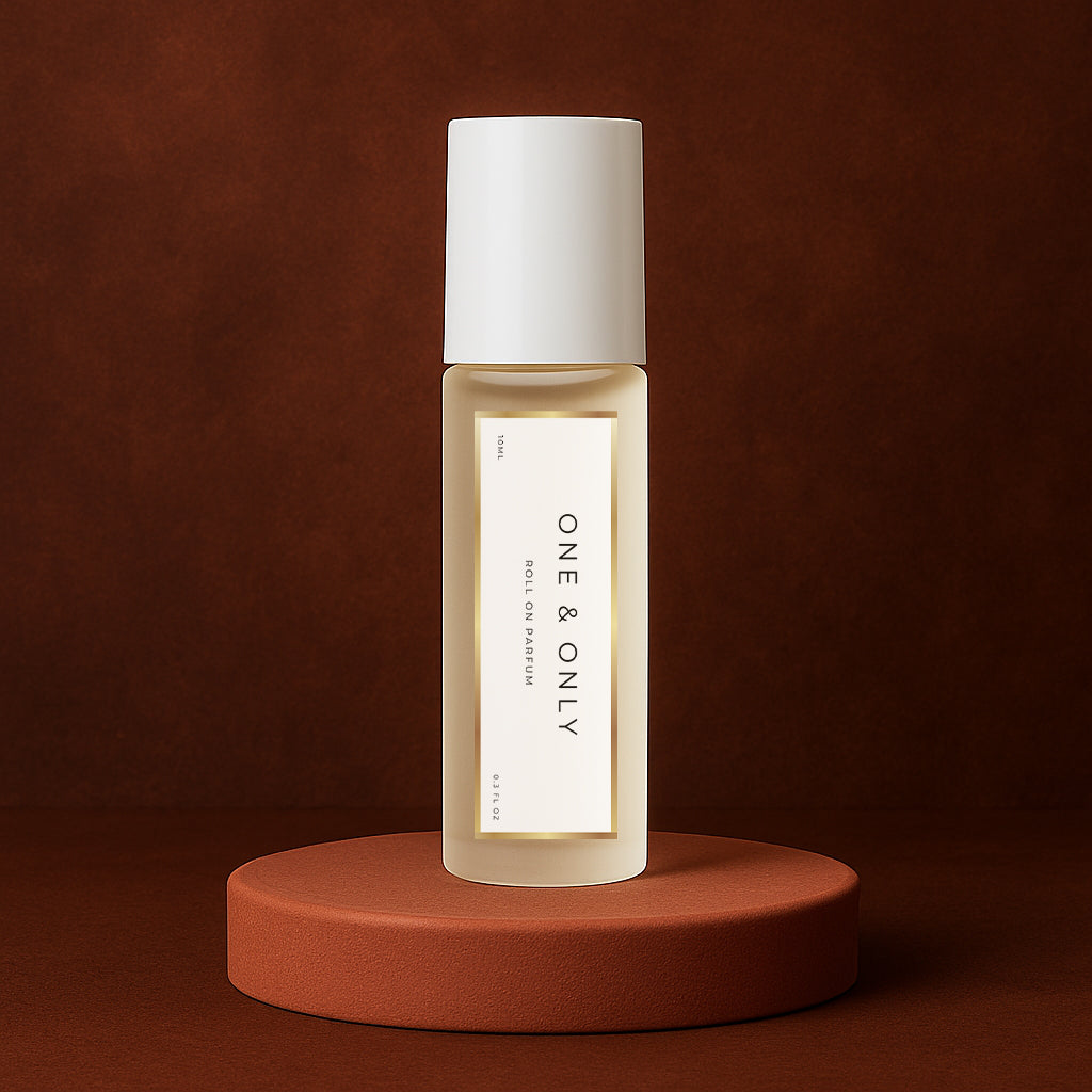 LeScent One & Only roll-on perfume oil bottle placed on a matte terracotta pedestal with rich brown background and soft warm lighting, inspired by Dolce & Gabbana The One.