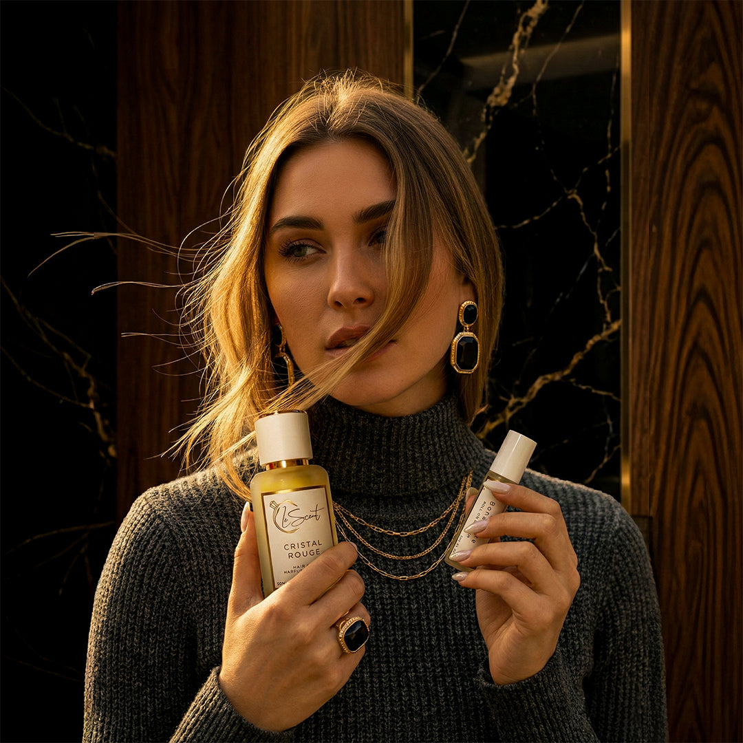 Woman holding LeScent Onyx hair mist and roll-on perfume oil, hair perfume, hair fragrance, hair perfume mist, and parfum oil roller.