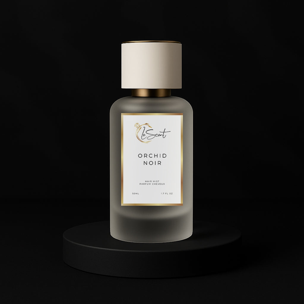 LeScent Orchid Noir hair mist inspired by Tom Ford Black Orchid — frosted bottle with orchids and almonds on black backdrop.