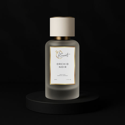 LeScent Orchid Noir hair mist inspired by Tom Ford Black Orchid — frosted bottle with orchids and almonds on black backdrop.