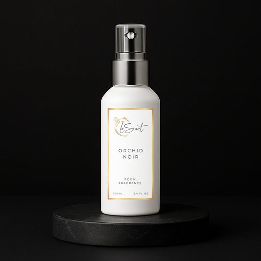 LeScent Orchid Noir room spray inspired by Tom Ford Black Orchid — white bottle on dark matte pedestal.