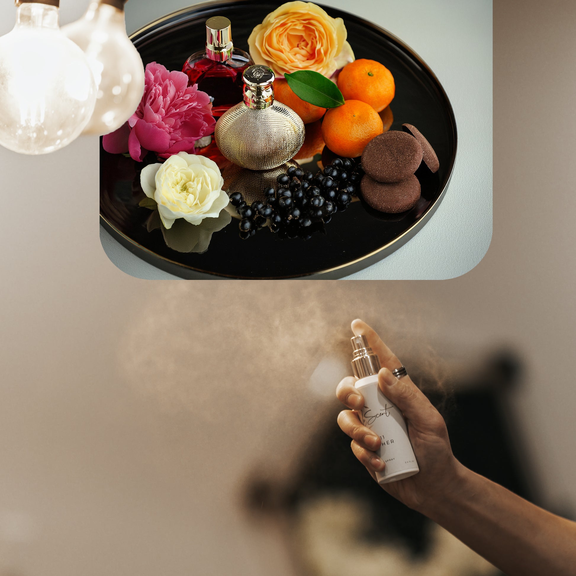 Spraying LeScent Orchid Noir room spray inspired by Tom Ford Black Orchid — home fragrance freshener mist with florals and citrus.