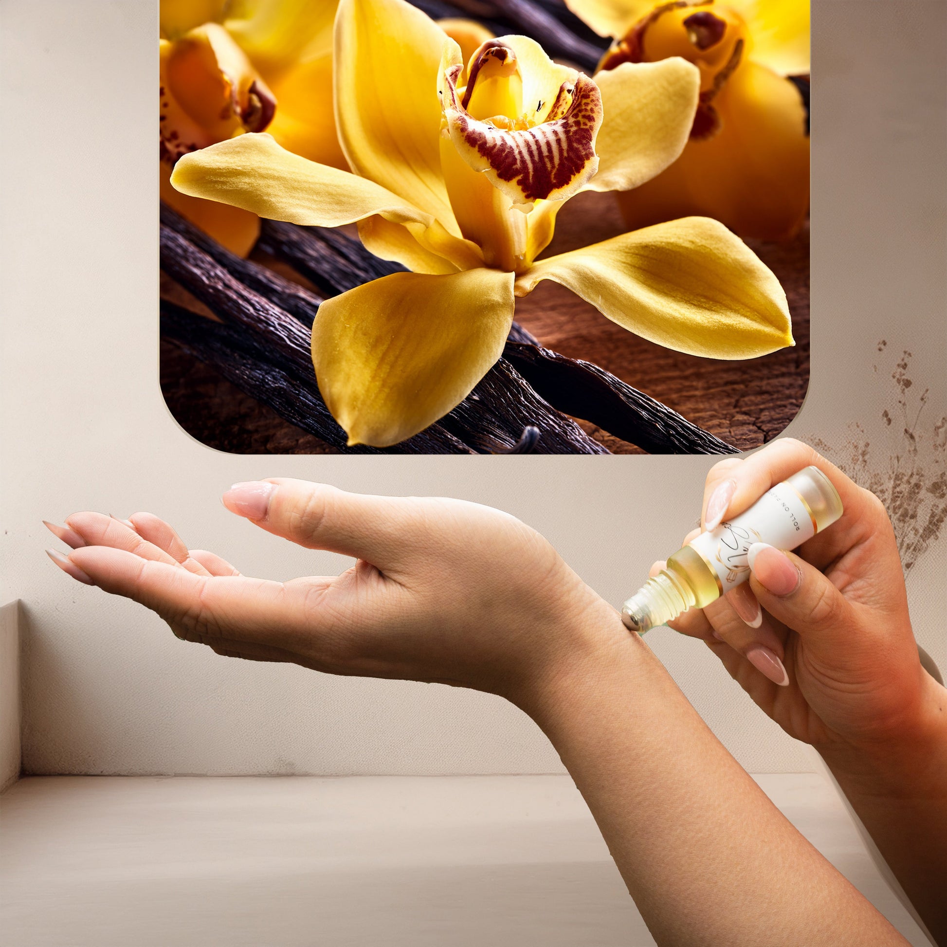 Applying LeScent Orchid perfume oil roll-on inspired by Gucci Flora Gorgeous Orchid — warm vanilla and rich orchid notes for a sensual and comforting feeling.