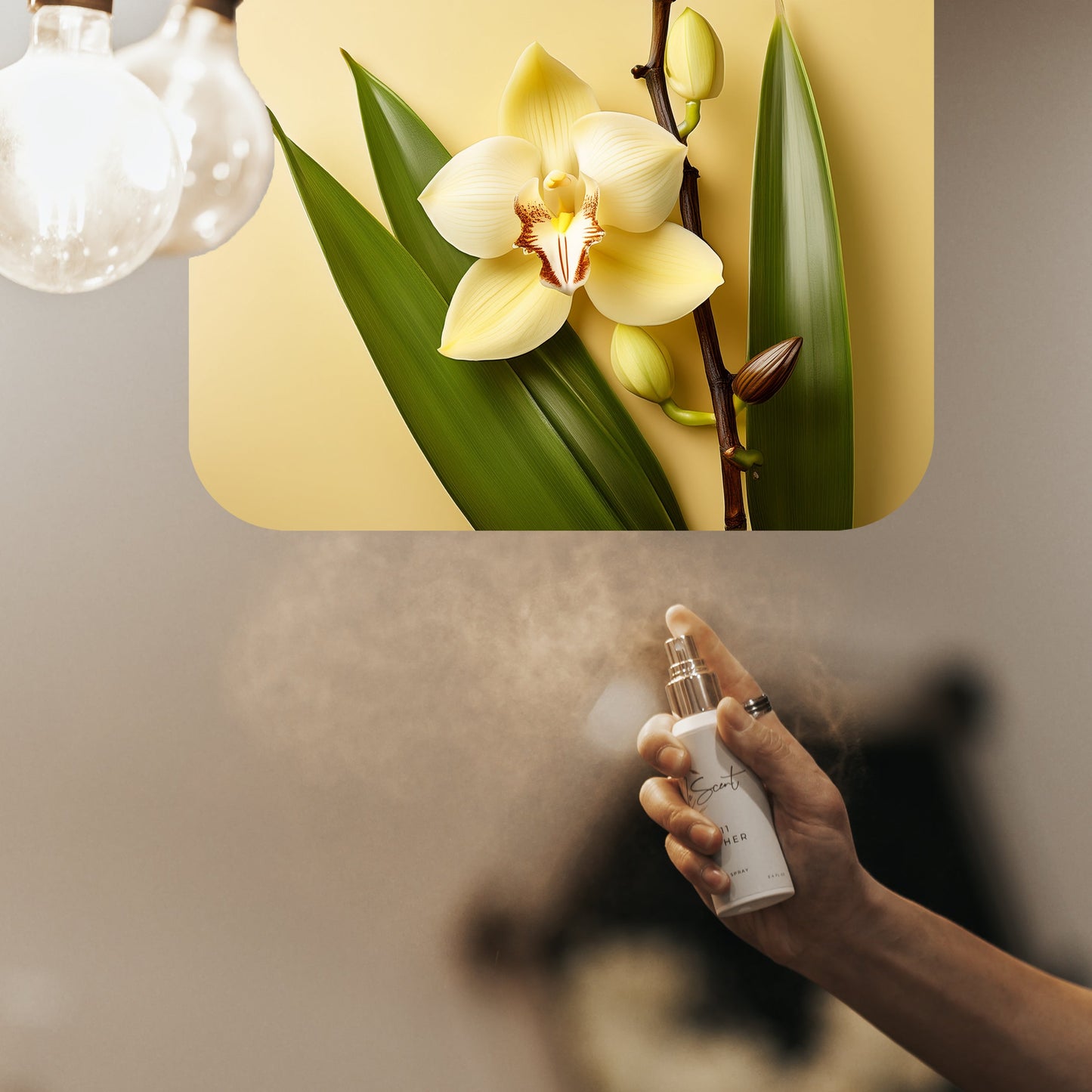 Spraying LeScent Orchid room spray inspired by Gucci Flora Gorgeous Orchid — rich yellow orchid and vanilla home fragrance freshener mist with warm, inviting accords.