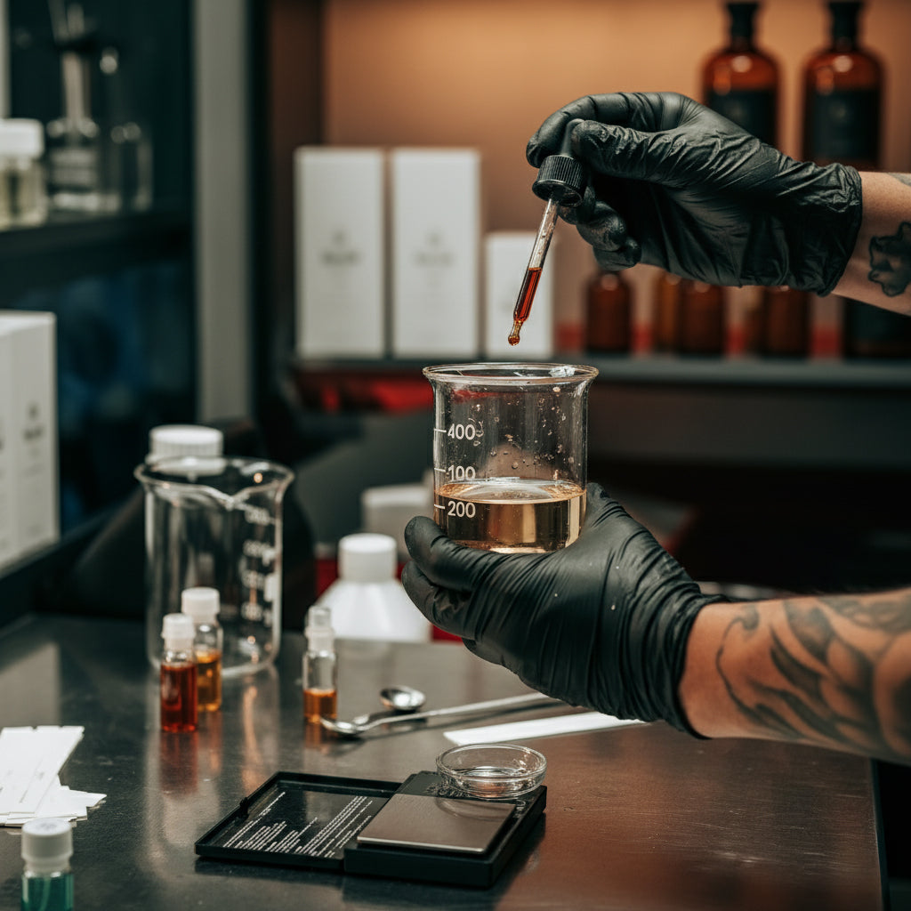 A perfumer in black gloves using a glass dropper to add a drop of fragrance oil to a beaker in a laboratory.