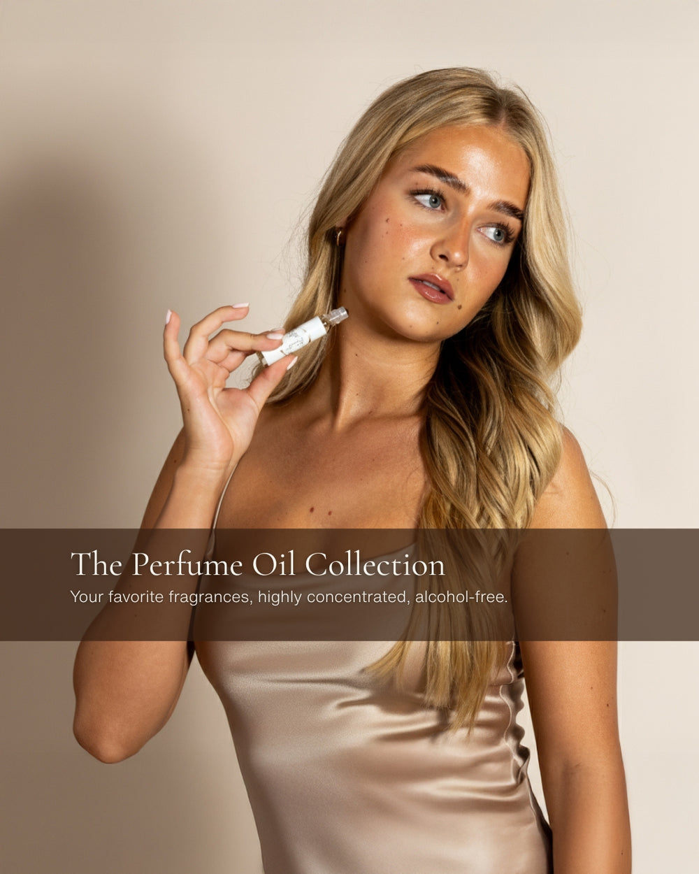 LeScent Perfume Oil Collection banner, model holding roll-on perfume oil, highly concentrated alcohol-free parfum oil roller