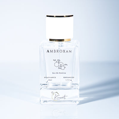 LeScent Ambroxan Fragrance Enhancer Eau de Parfum 50ml — minimalist clear perfume bottle with white and gold cap on reflective surface, luxury molecular scent inspired by ambergris, made in Australia.