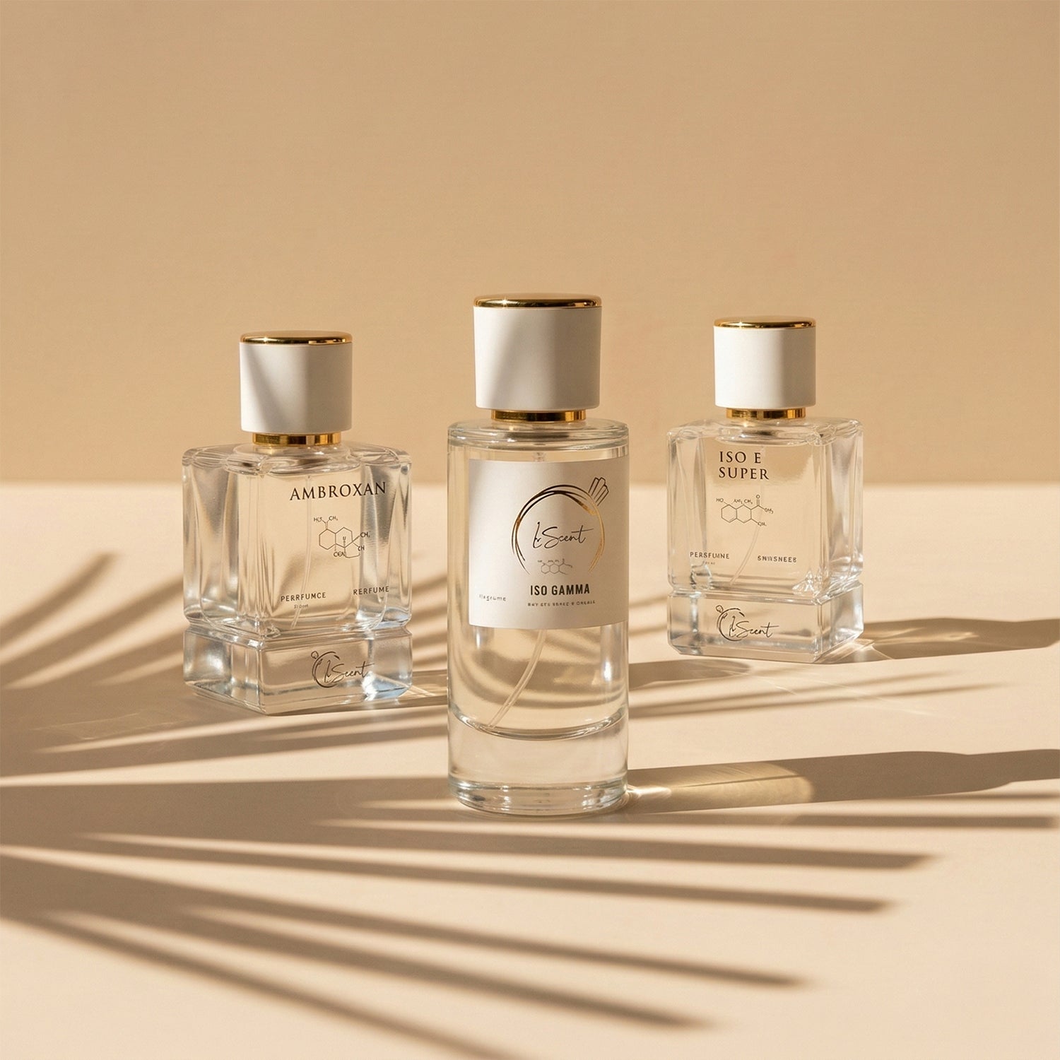 Three glass perfume bottles with white and gold caps sitting on a warm beige surface with cast palm leaf shadows, inspired by LeScent Ambroxan Perfume Primer, LeScent Iso Gamma Perfume Primer, and LeScent Iso E Super Perfume Primer.