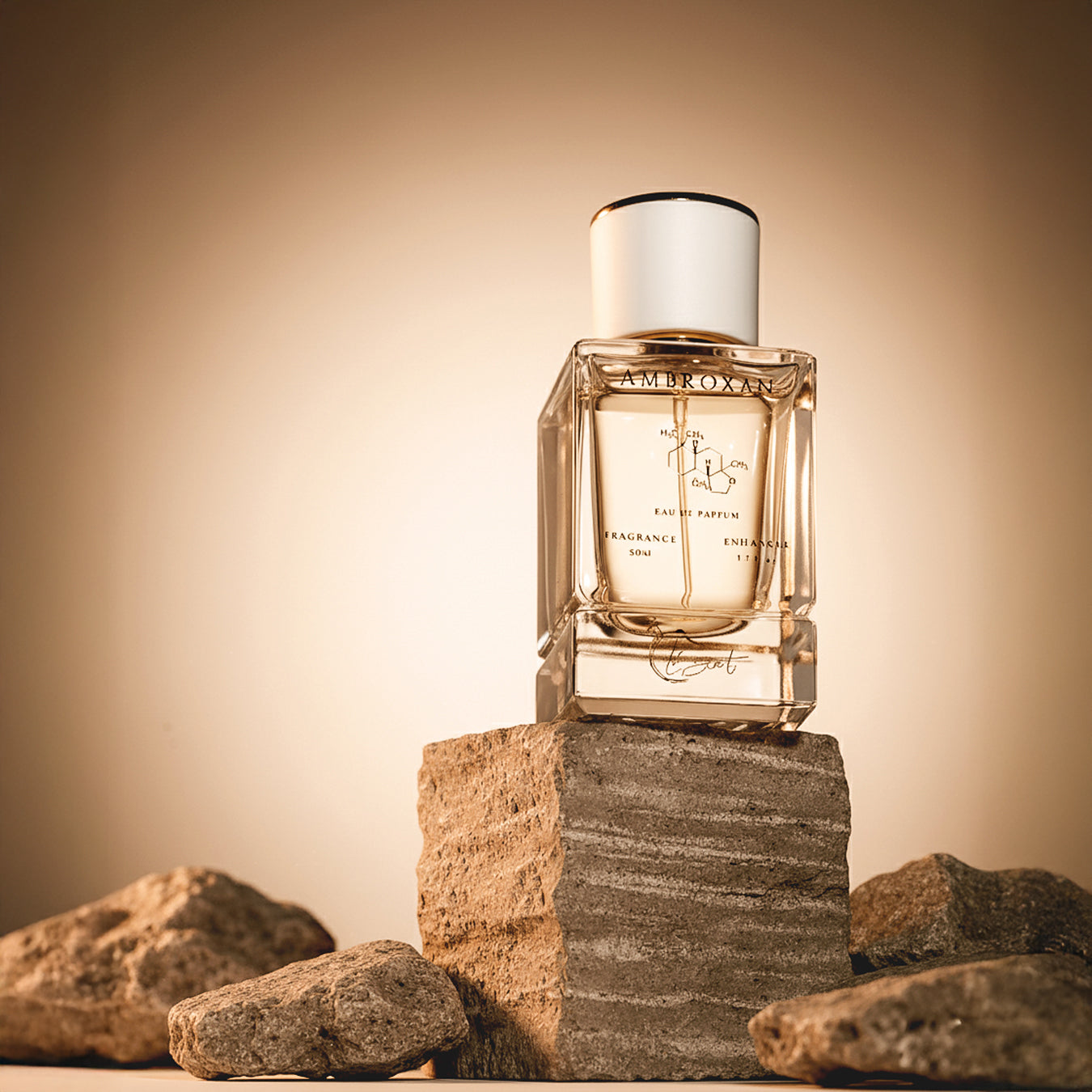 LeScent Ambroxan perfume primer bottle displayed on a textured stone block with surrounding rocks.