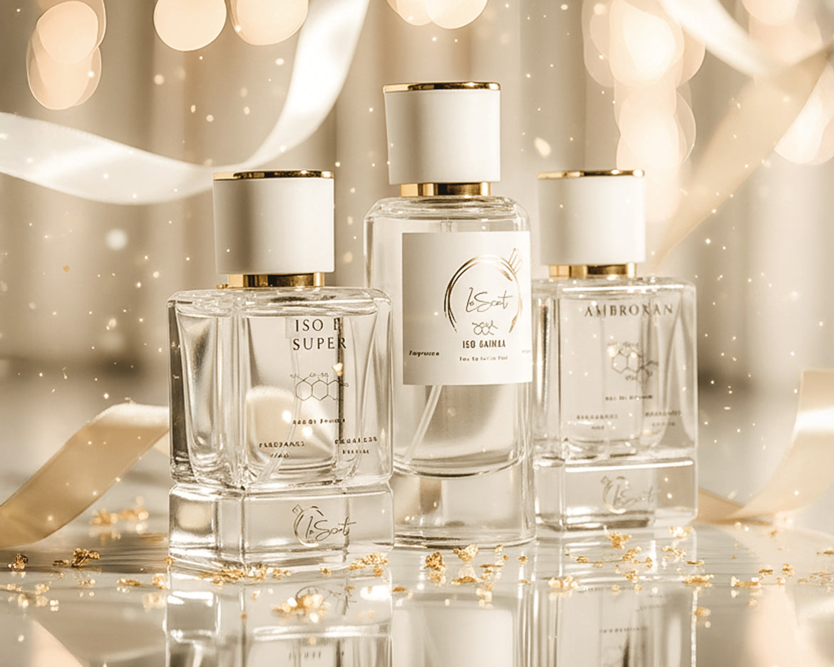 LeScent perfume primer collection featuring Iso E Super, Iso Gamma, and Ambroxan bottles in a luminous studio display.