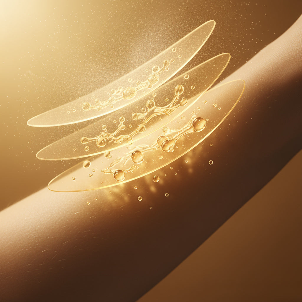 A conceptual image showing golden oil bubbles and layers of hydration being absorbed into the skin, illustrating a perfume primer.