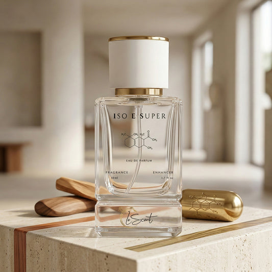 LeScent Iso E Super perfume primer bottle displayed on a stone surface with wood accents in a luxury product photo.