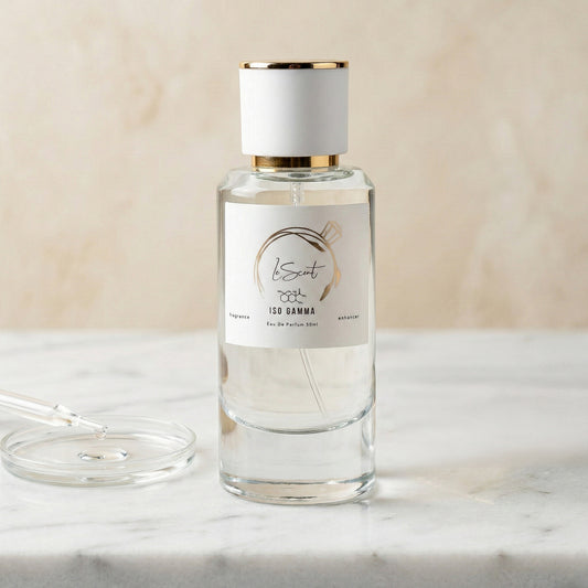LeScent Iso Gamma perfume primer bottle on a marble surface with a glass pipette in a clean product photo.