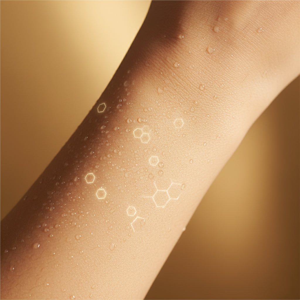 A close-up of skin with glowing chemical molecule graphics, representing the science behind LeScent perfume primer technology.