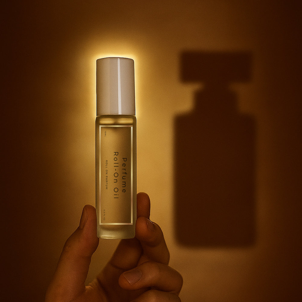 LeScent roll-on perfume oil bottle photographed with warm backlight and soft golden shadow.