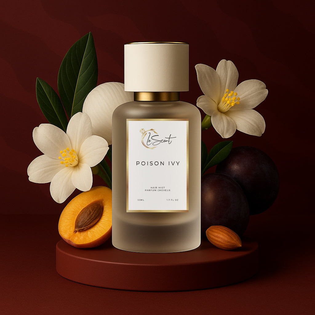 LeScent Poison Ivy hair perfume mist with ingredient notes of plum, apricot, and almond, a sensual vanilla fragrance inspired by Dior Hypnotic Poison.