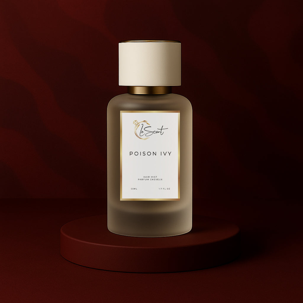 LeScent Poison Ivy hair mist bottle on a dark red pedestal with a wavy dark red background, inspired by Dior Hypnotic Poison.