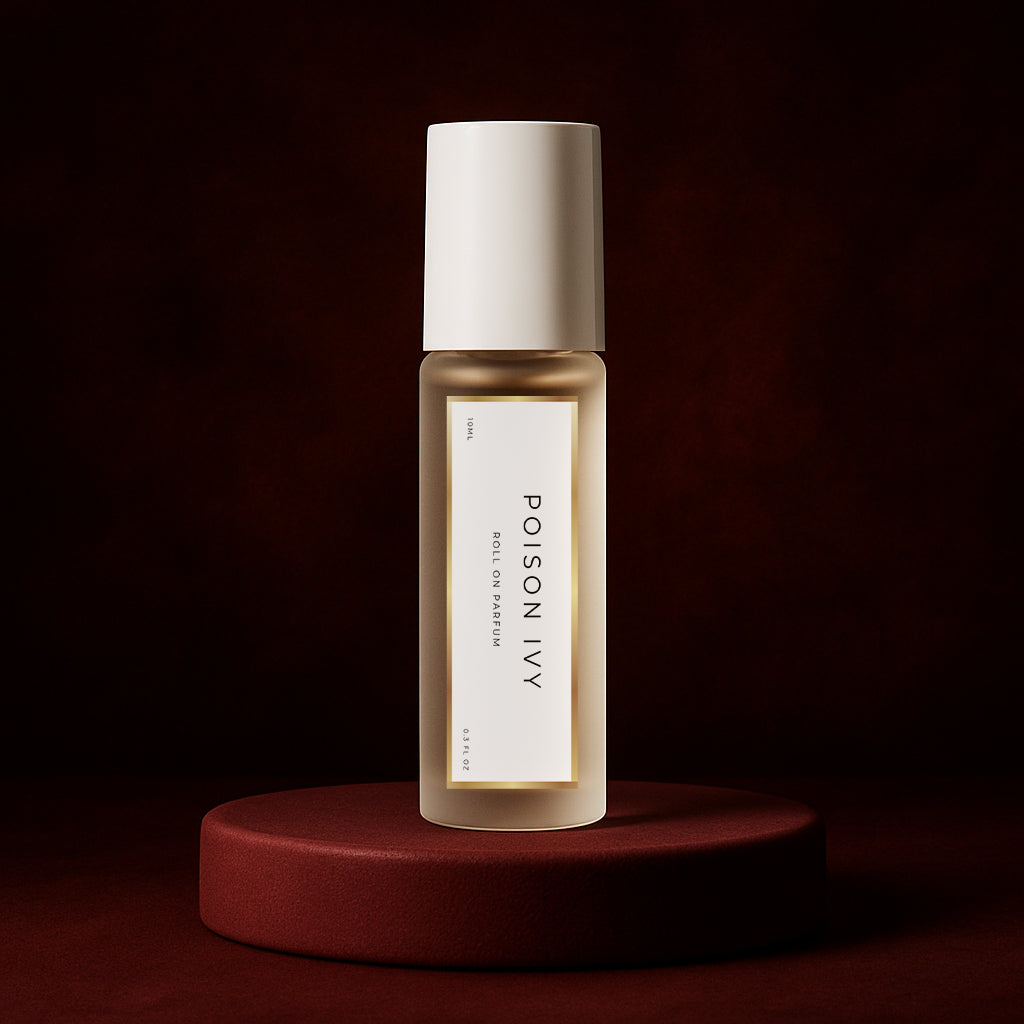 LeScent Poison Ivy perfume oil roll-on bottle on a dark red pedestal with a solid dark red background, inspired by Dior Hypnotic Poison.