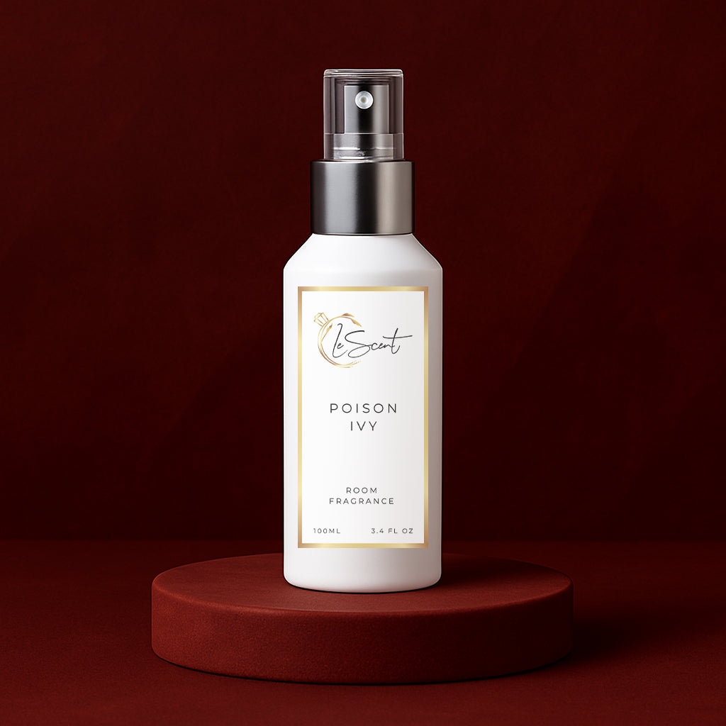 LeScent Poison Ivy room spray bottle on a dark red pedestal with a wavy dark red background, inspired by Dior Hypnotic Poison.