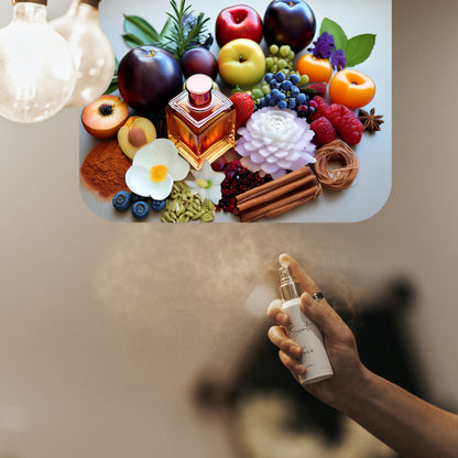 Spraying LeScent Poison Ivy home fragrance air freshener, a rich fruity-floral scent with plum, raspberry, and cinnamon accords, inspired by Dior Hypnotic Poison.