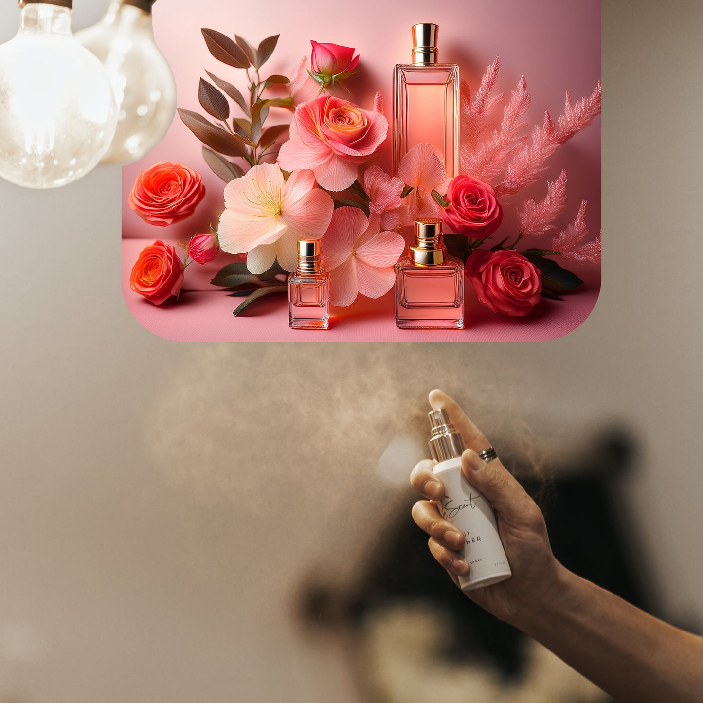 Spraying LeScent Ri Ri Room Fragrance — floral and sweet blend of orange blossom, marshmallow and vanilla inspired by Kilian Love Don’t Be Shy for a cosy amber atmosphere.