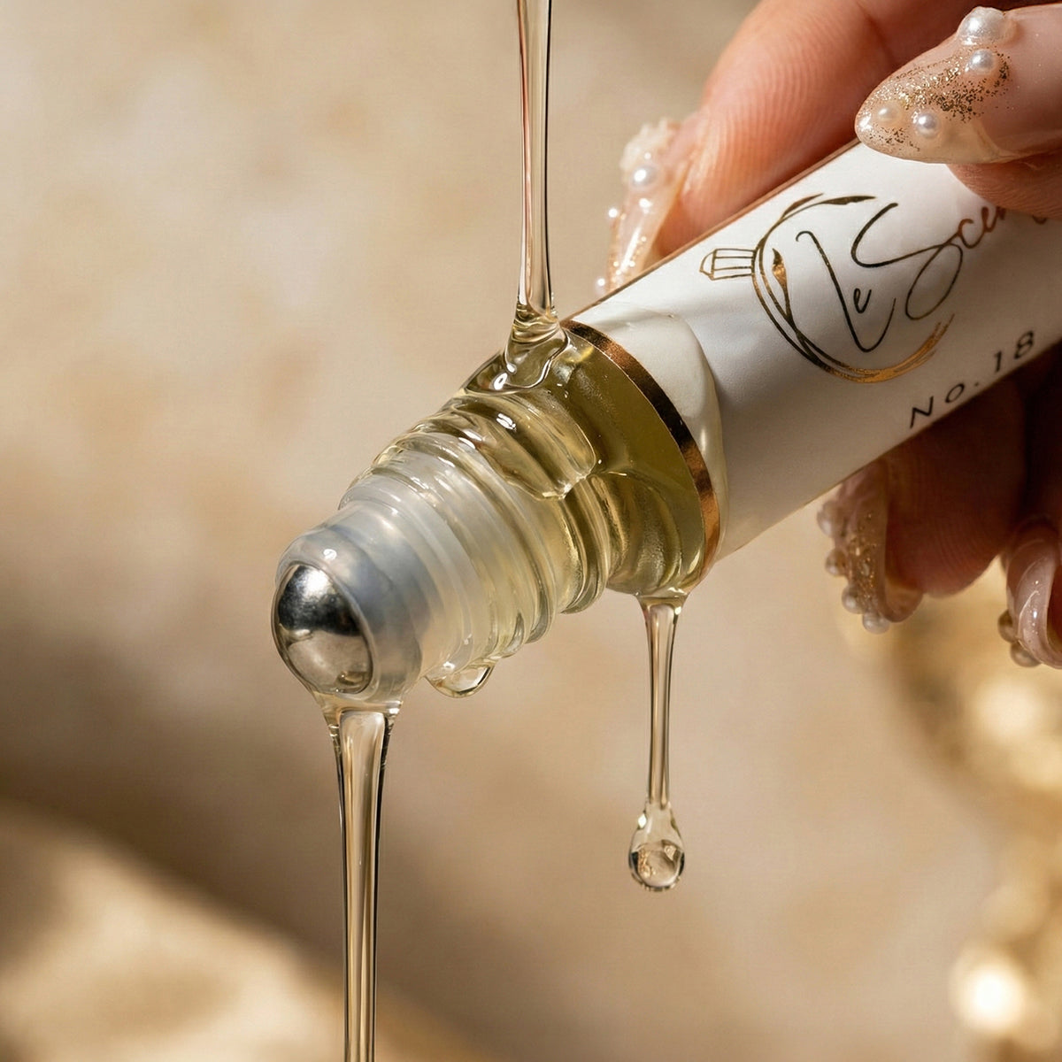 Close-up of a LeScent roll-on perfume oil bottle with glossy golden liquid texture dripping from the applicator.