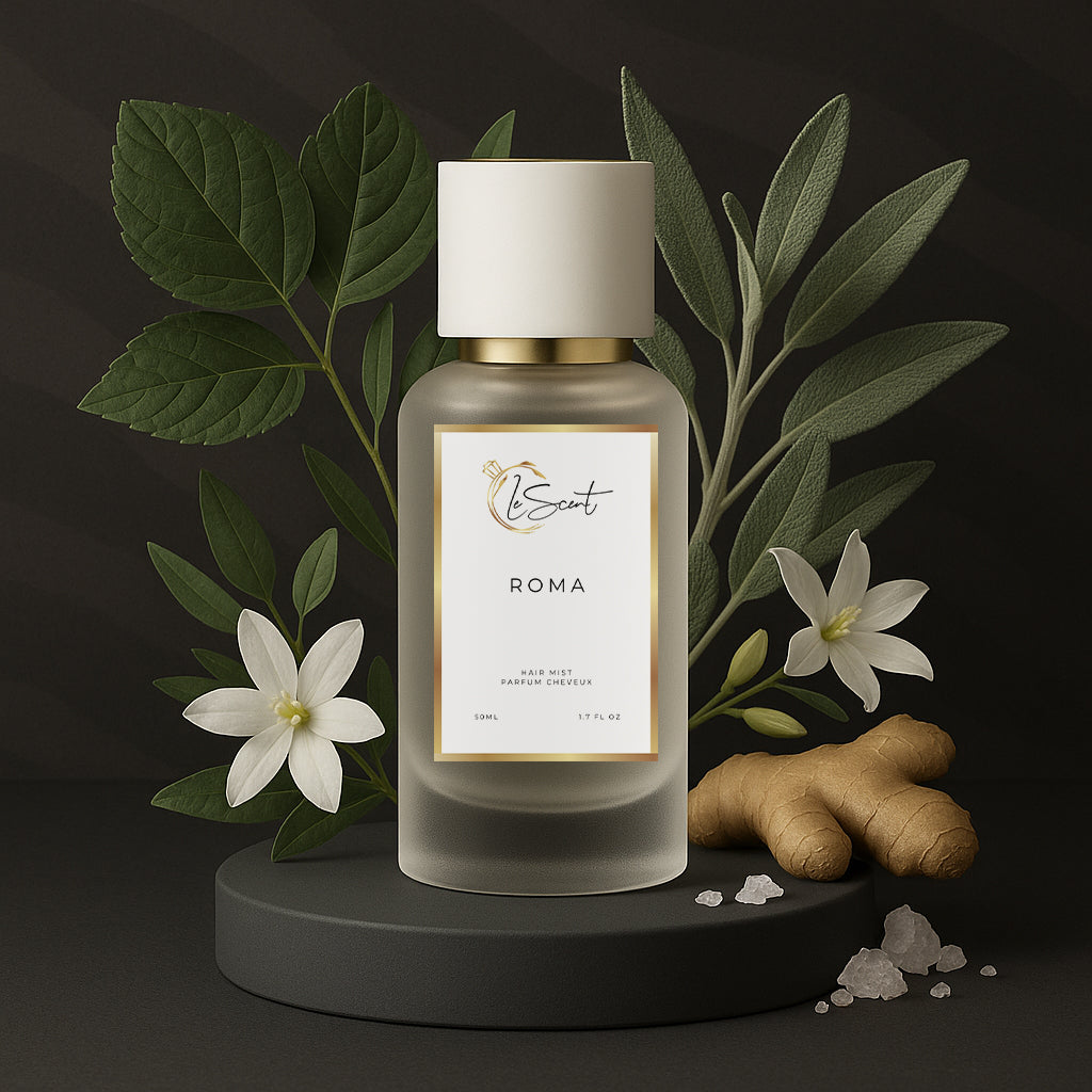 LeScent Roma hair perfume mist bottle surrounded by white jasmine flowers, green leaves, ginger root, and salt crystals on a dark background, inspired by Valentino Uomo Born In Roma.