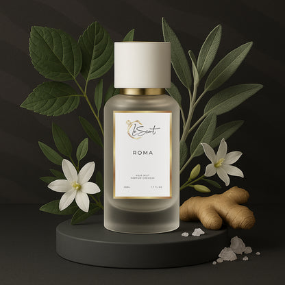 LeScent Roma hair perfume mist bottle surrounded by white jasmine flowers, green leaves, ginger root, and salt crystals on a dark background, inspired by Valentino Uomo Born In Roma.