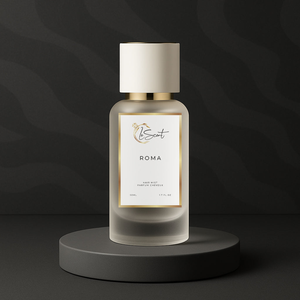 LeScent Roma hair fragrance mist bottle displayed on a matte black pedestal with minimal dark background and warm lighting, inspired by Valentino Uomo Born In Roma.