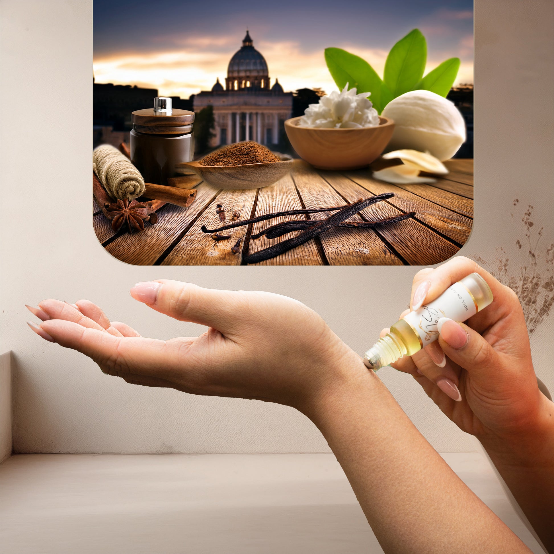 Applying LeScent Roma roll-on perfume oil on wrist beside vanilla pods, jasmine petals, and spice powders on a wooden table with Rome city backdrop, inspired by Valentino Uomo Born In Roma.