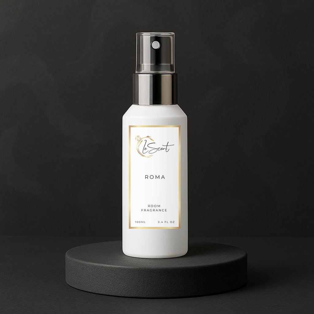 LeScent Roma room fragrance spray bottle placed on a dark stone platform with soft shadow lighting and black textured background, inspired by Valentino Uomo Born In Roma.