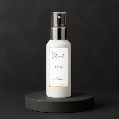 LeScent Roma room fragrance spray bottle placed on a dark stone platform with soft shadow lighting and black textured background, inspired by Valentino Uomo Born In Roma.