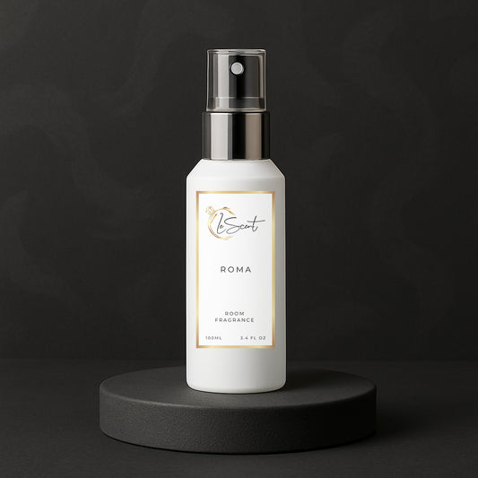 LeScent Roma room fragrance spray bottle placed on a dark stone platform with soft shadow lighting and black textured background, inspired by Valentino Uomo Born In Roma.