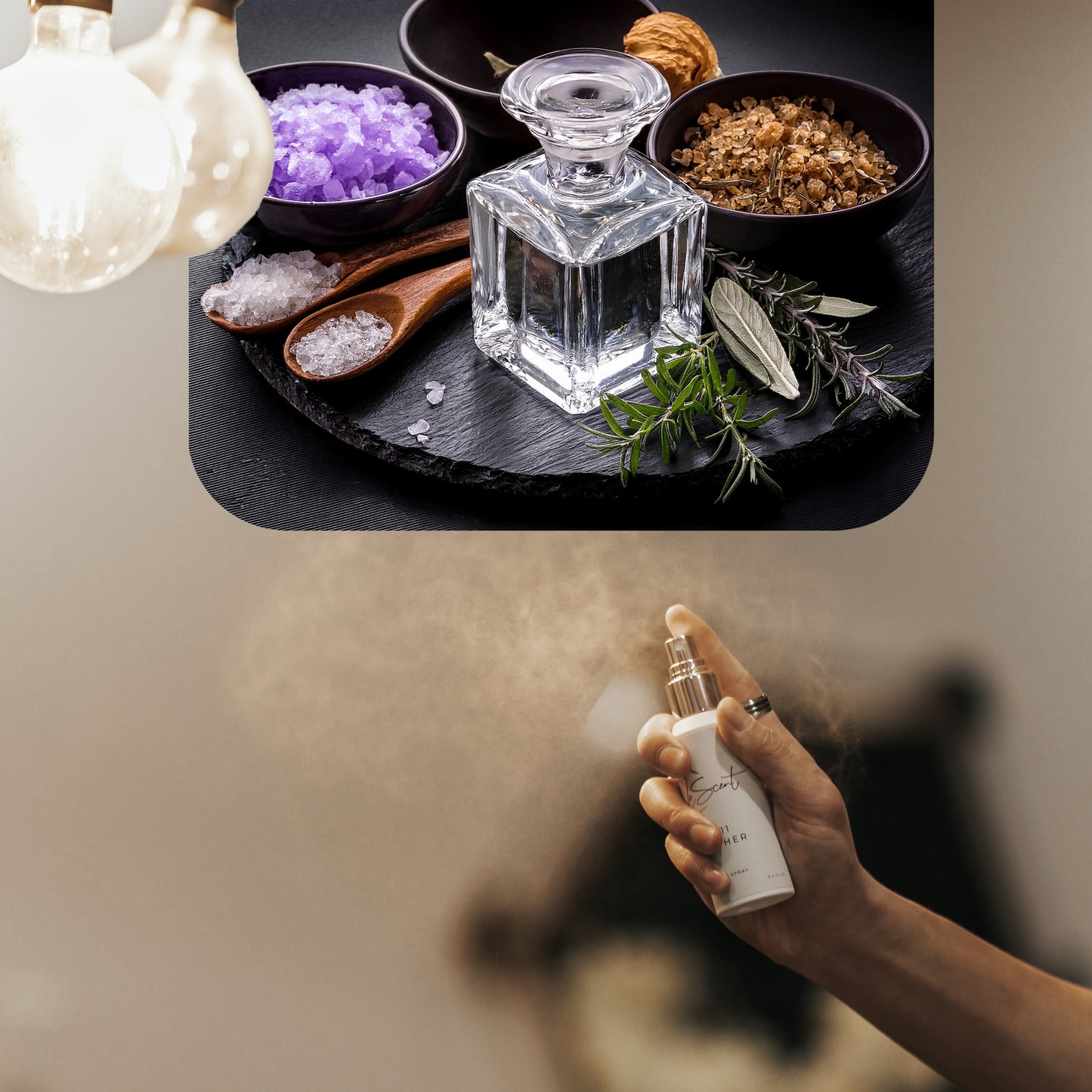 Spraying LeScent Roma home fragrance freshener mist beside clear perfume bottles, purple bath salts, herbs, and wood accents on a black surface, inspired by Valentino Uomo Born In Roma.