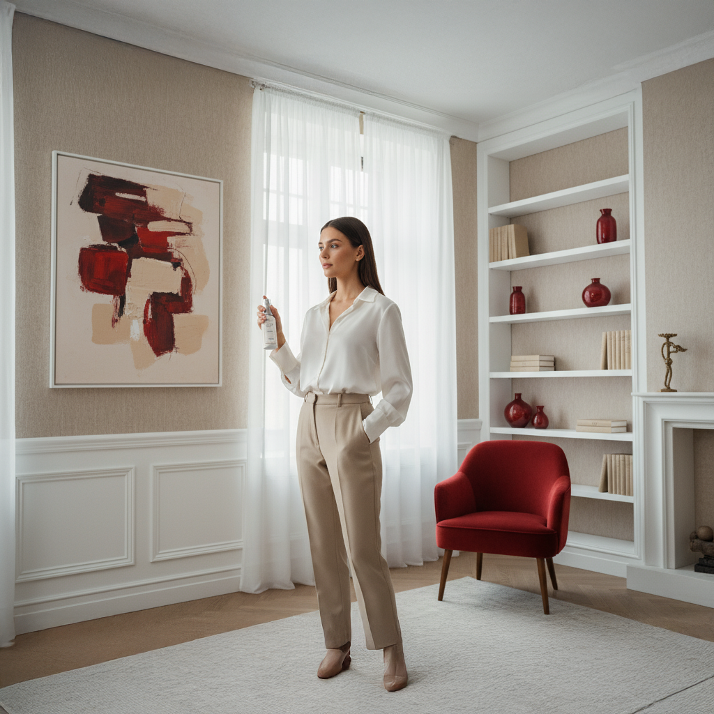 Elegant woman in bright living room using LeScent room spray, creating refined and inviting home atmosphere with designer scent