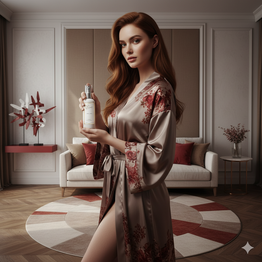 A red-headed woman wearing a floral silk robe stands in a high-end living room, holding a white bottle of LeScent Room Spray.
