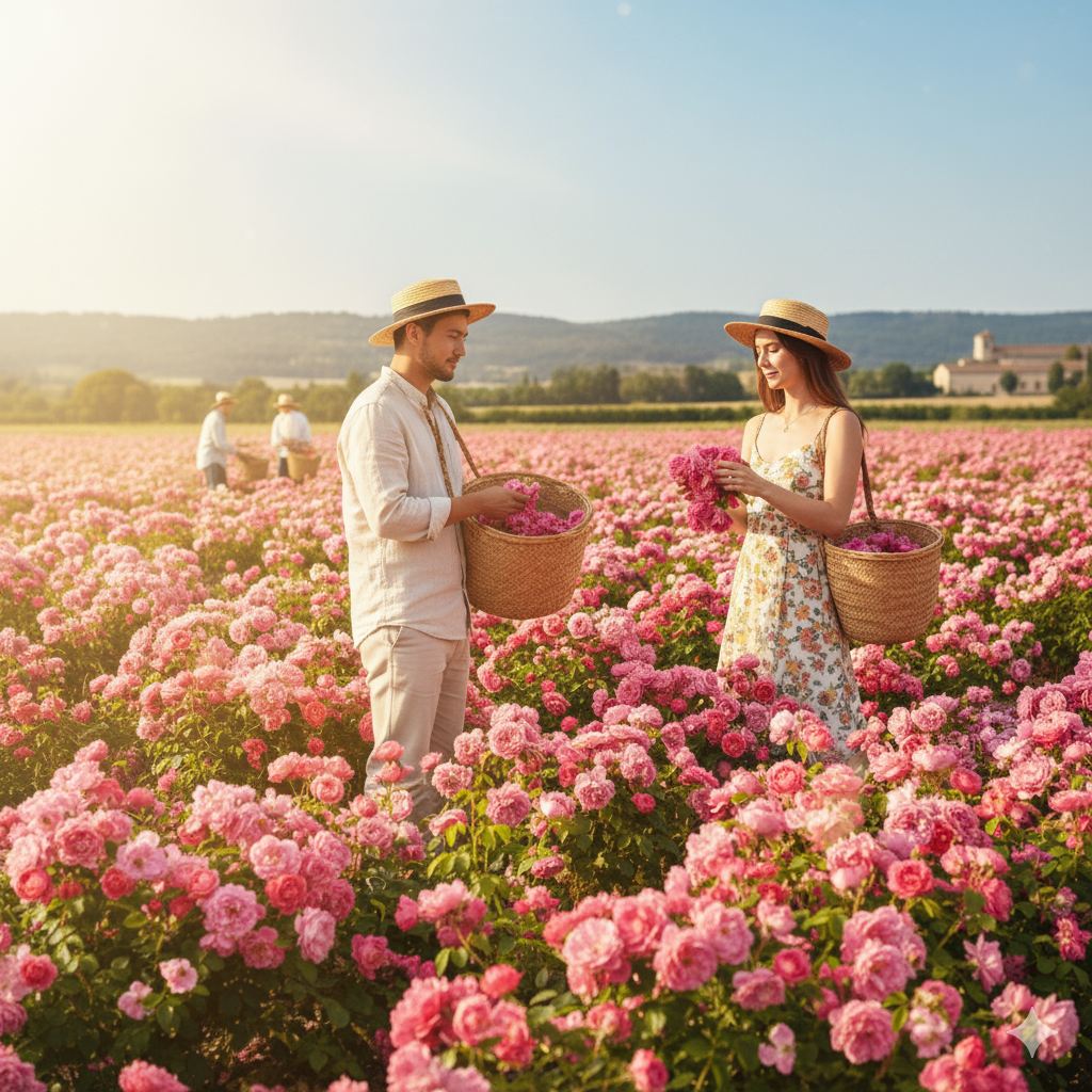 A man and woman in straw hats harvesting pink roses into wicker baskets in a sunny field, showing the source of natural perfume ingredients.