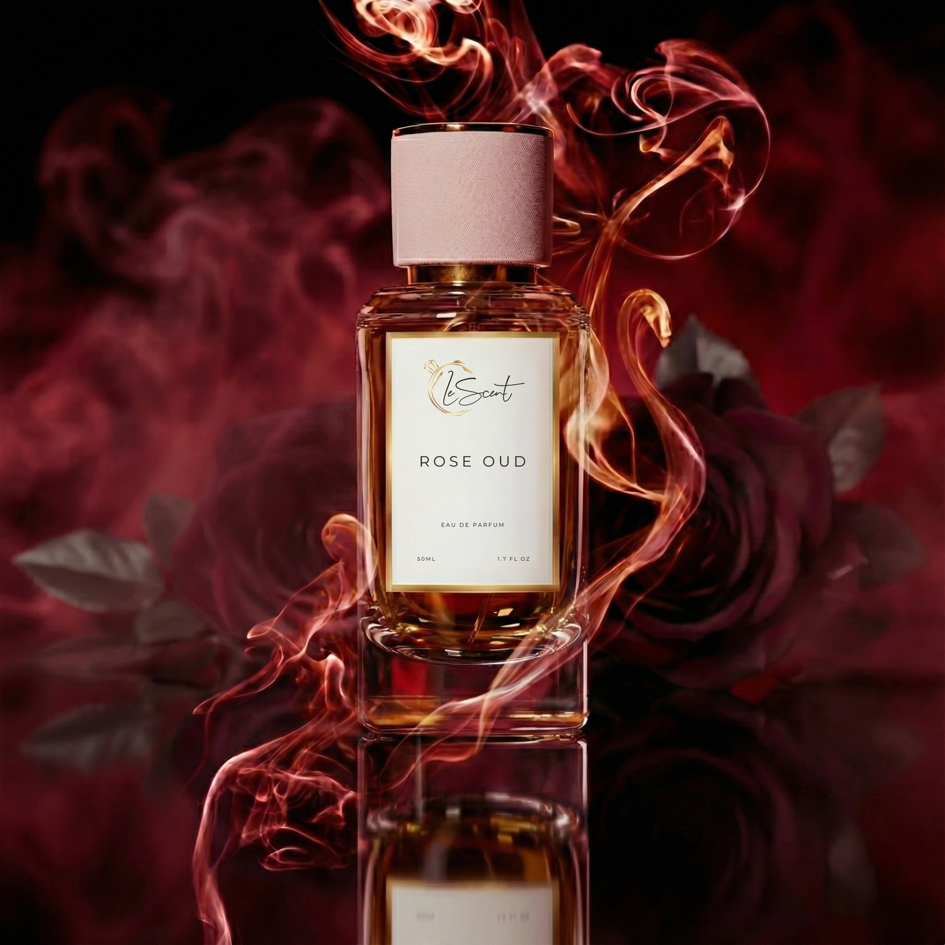 LeScent Rose Oud perfume bottle with red smoky backdrop and luxury rose atmosphere, premium inspired perfume fragrance captured in a dramatic studio setting, inspired by Armani Privé Rose d’Arabie.