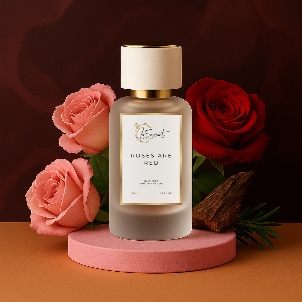 LeScent Roses Are Red hair perfume mist inspired by Louis Vuitton Les Sables Roses — crafted with rose petals, oud wood and saffron for a refined floral fragrance.